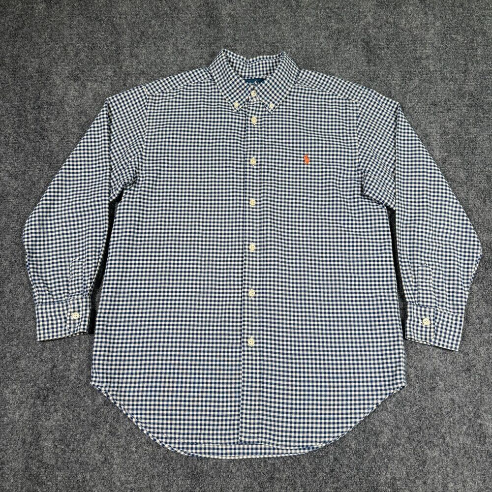 Ralph Lauren Youth L Shirt Long Sleeve Button Blue Gingham Checks Orange Pony